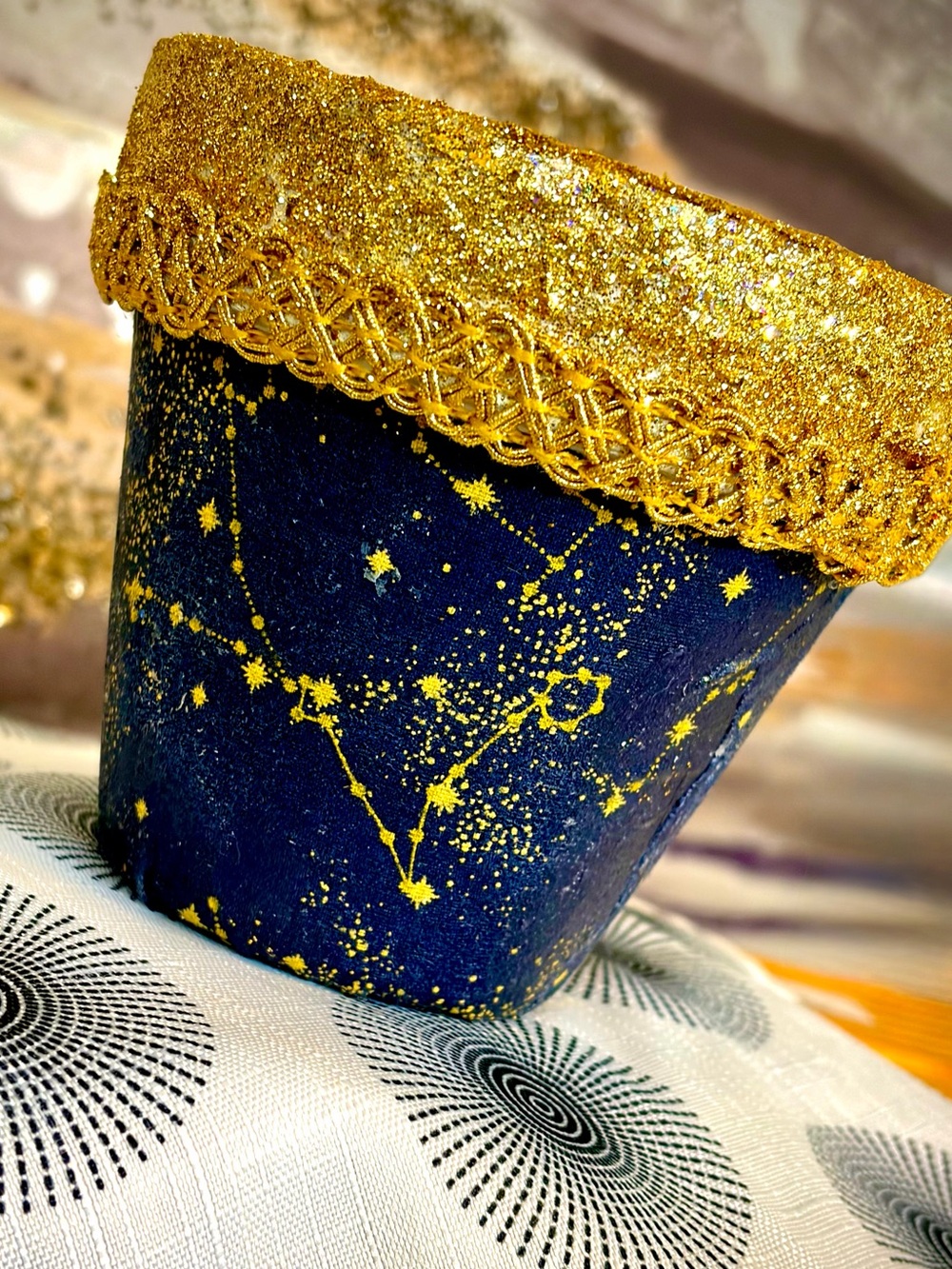 Handmade Galaxy-Inspired Navy Planter with Gold Glitter Trim